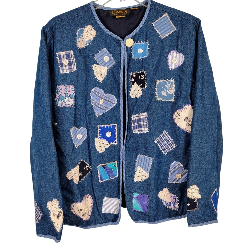 Allure Womens M Patchwork Denim Jacket Blue Cotton Heart Plaid Cottagecore Boho